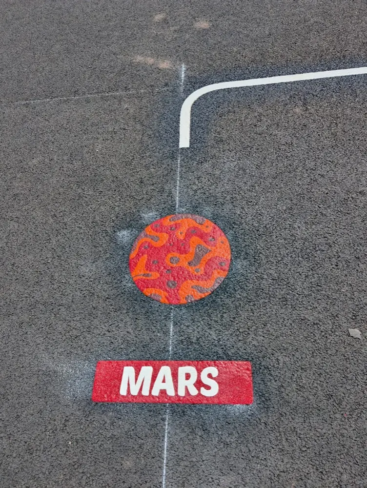 Solar system trail thermoplastic marking on a school playground
