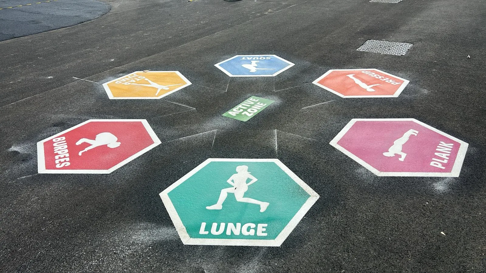 An Active Zone multi-sports thermoplastic marking with coloured court lines