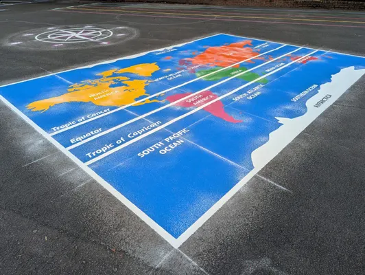 Thermoplastic world map playground marking by Uniplay