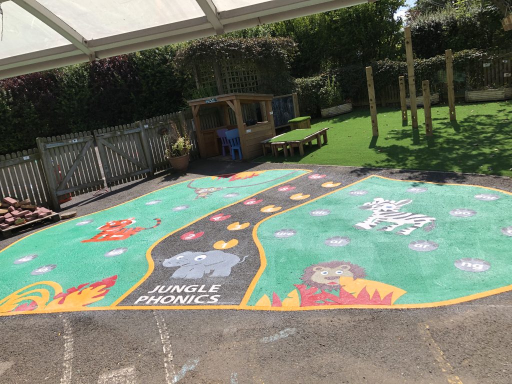 Bespoke themed jungle playground markings across a school playground